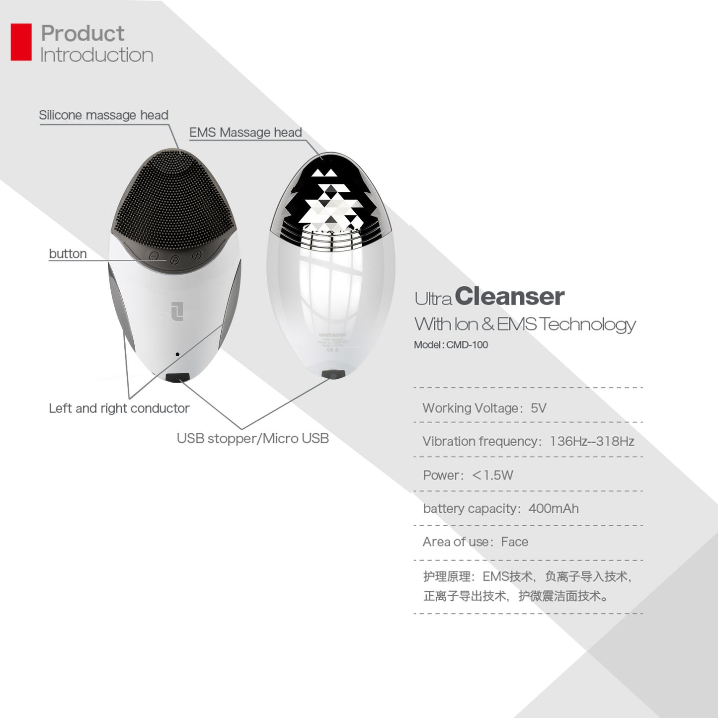 【Hypoallergenic antibacterial silicone for blackhead and blemish removal・Microcurrent lifting & importing】Lifetrons CMD-100 Sonic Deep Cleansing Device