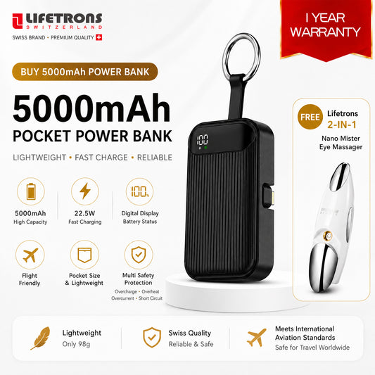 Lifetrons 5000mAh PD 22.5W Lipstick-Sized Power Bank with Built-in Cable | Ultra-Lightweight