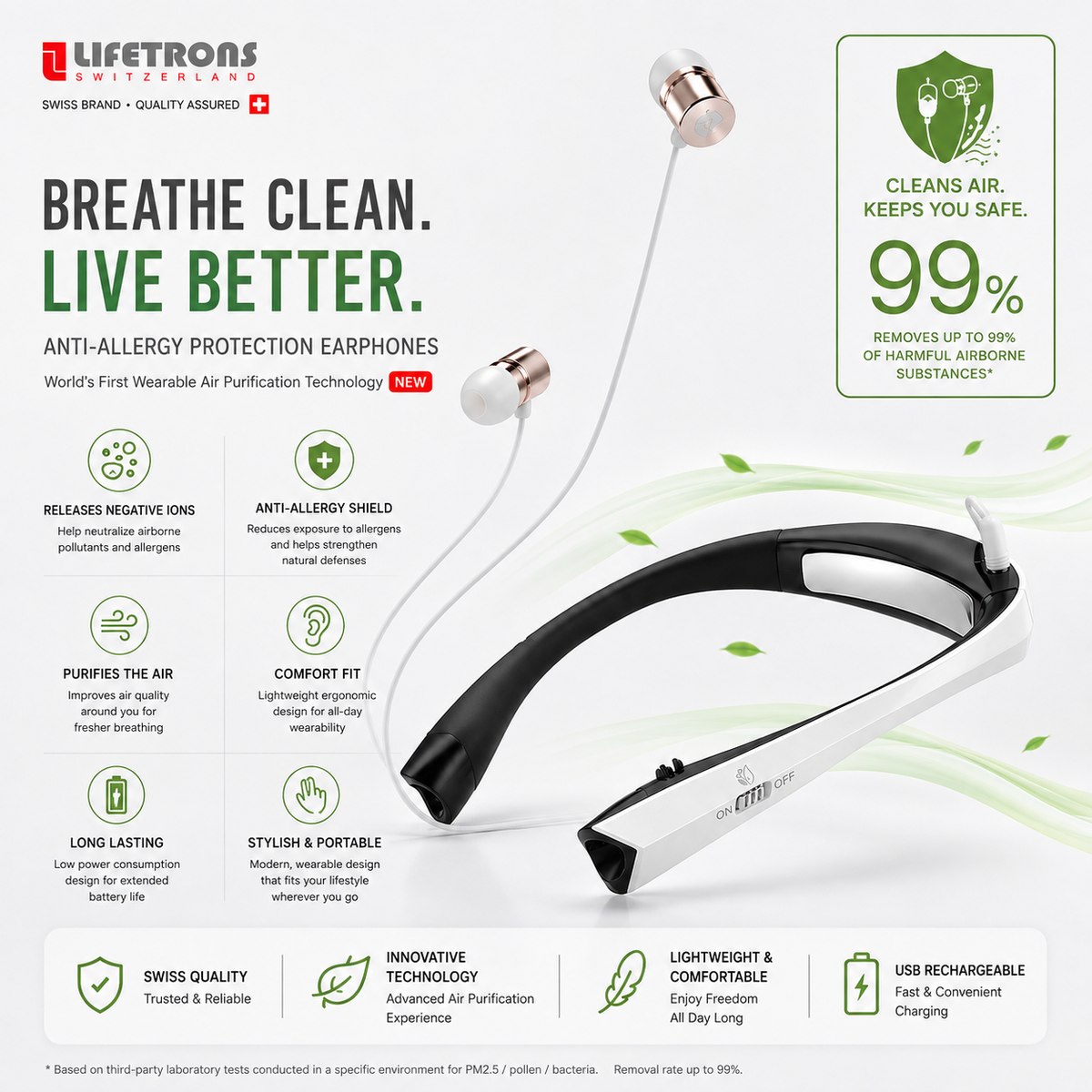 LIFETRONS | Negative Ion Air Purifying Wireless Earbuds First-ever 2-in-1 / Portable Air Purifier / Hay Fever Relief / True Wireless Earbuds EH-100