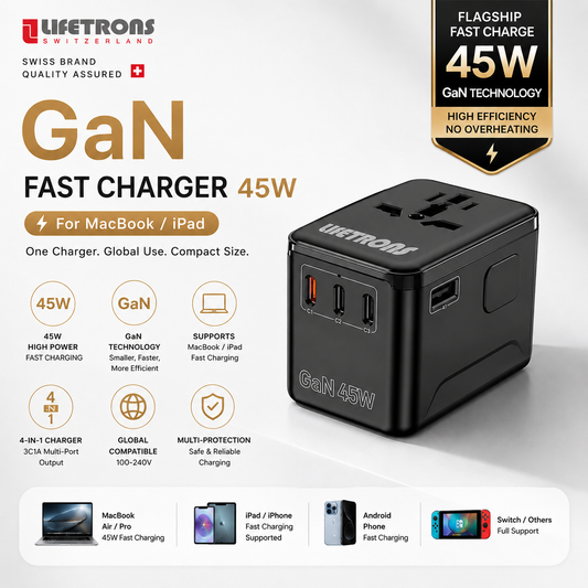 Lifetrons 45W GaN Universal Travel Adapter | Fast Charging