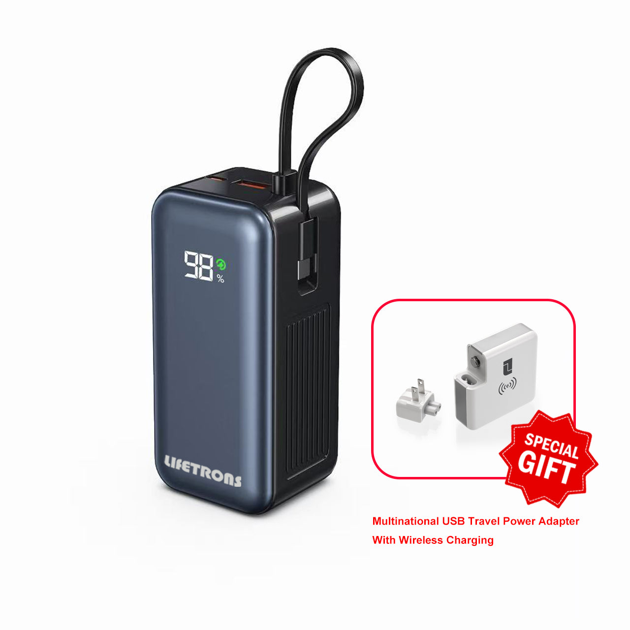 Lifetrons 20000mAh PD 65W Power Bank with Built-in Cables & Digital Display | Fast Charging